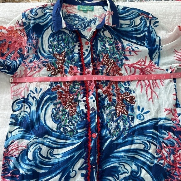 Antica Sartoria Beach Shirt Dress Button Front Cover Up Resort Wear Sequin Small - Picture 11 of 15